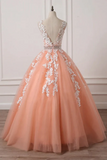 Charming Coral Princess V-Neck Lace Applique Beaded Prom Dress Ball Gown Sweet 16 Dresses PFP2529
