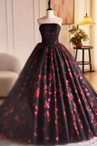 Black and Red Floral Tulle Long Party Dress, Strapless Formal Sweet 16 Dress PFP2531