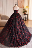 Black and Red Floral Tulle Long Party Dress, Strapless Formal Sweet 16 Dress PFP2531