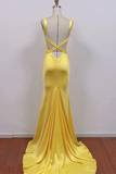Chic Yellow Satin Mermaid Long Prom Dress, Yellow Low Back Party Dress PFP2532