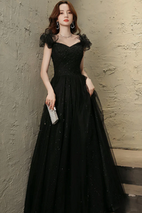 Black Tulle Sweetheart Long Party Dress, Black Beaded Tulle Formal Dress Prom Dress PFP2533
