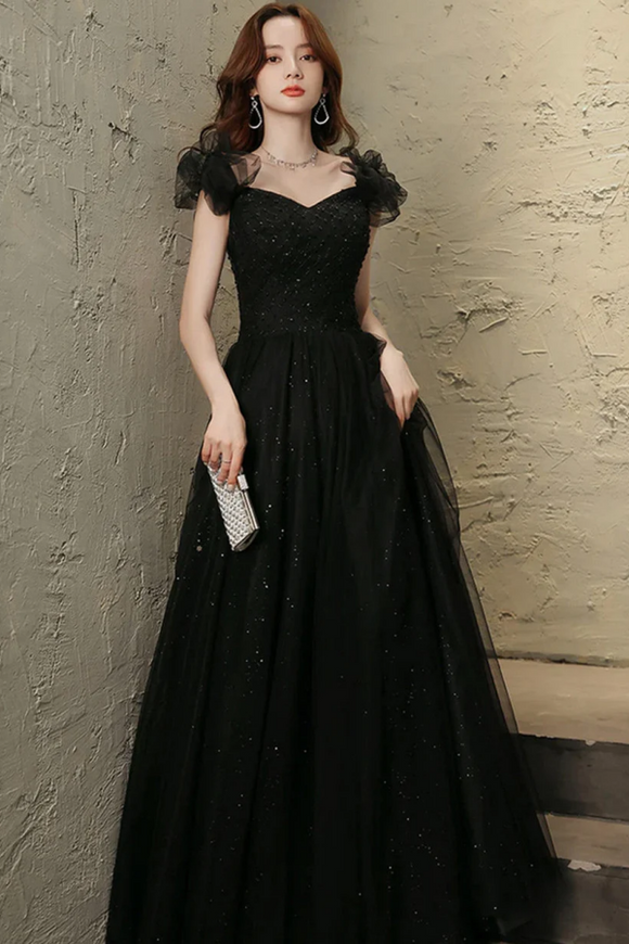 Black Tulle Sweetheart Long Party Dress, Black Beaded Tulle Formal Dre Promfast Black Tulle Sweetheart Long Party Dress, Black Beaded Tulle Formal Dre Promfast