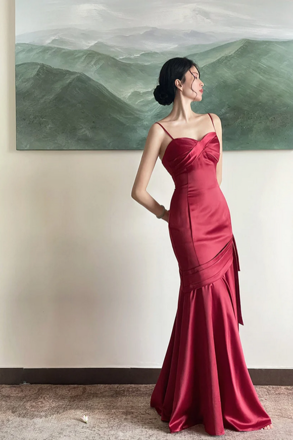 Wine Red Satin Straps Long Evening Dress Prom Dress, Wine Red Party Dress PFP2534