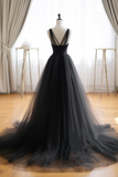 A Line V Neck Tulle Black Long Prom Dress, Black Tulle Formal Dress PFP2535
