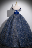 Unique A Line Shiny Sequin Blue Long Prom Gown, Blue Long Evening Dress PFP2537