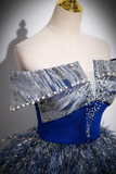Unique A Line Shiny Sequin Blue Long Prom Gown, Blue Long Evening Dress PFP2537