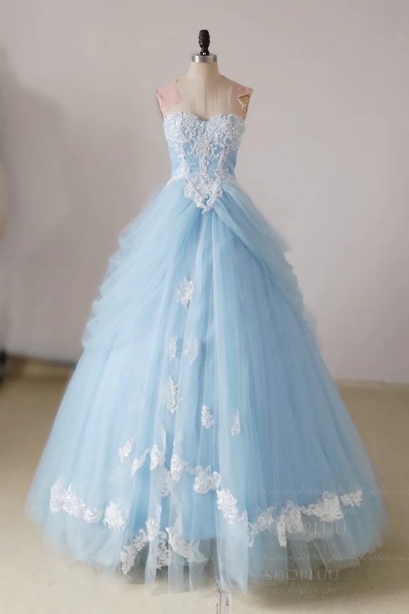 A Line Sweetheart Neck Lace Blue Long Prom Dress, Blue Long Sweet 16 Dress PFP2538