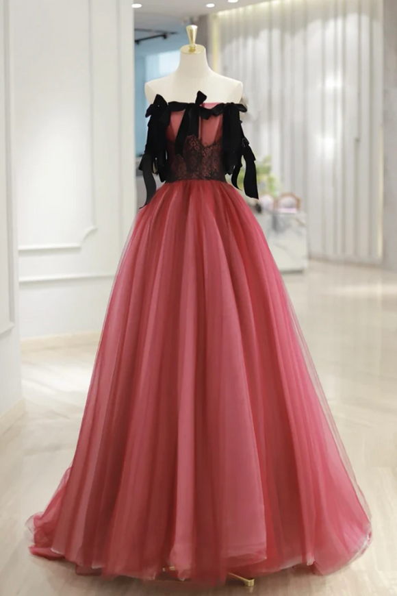 A Line Tulle Watermelon Red Long Prom Dress, Watermelon Red Tulle Long Formal Dress PFP2540