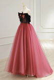 A Line Tulle Watermelon Red Long Prom Dress, Watermelon Red Tulle Long Formal Dress PFP2540