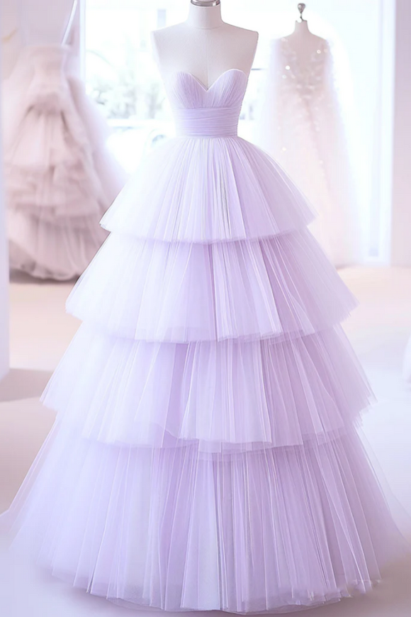 A Line Sweetheart Neck Tulle Purple Long Prom Dress, Purple Long Formal Dress PFP2541