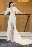 Beautiful White Puffy Sleeves Long Party Dress with Leg Slit, White Wedding Party Dress PFP2543