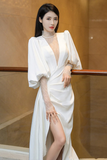 Beautiful White Puffy Sleeves Long Party Dress with Leg Slit, White Wedding Party Dress PFP2543