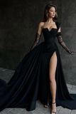 A Line Lace Appliques High Split Black Long Prom Formal Dress PFP2544