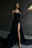 A Line Lace Appliques High Split Black Long Prom Formal Dress PFP2544
