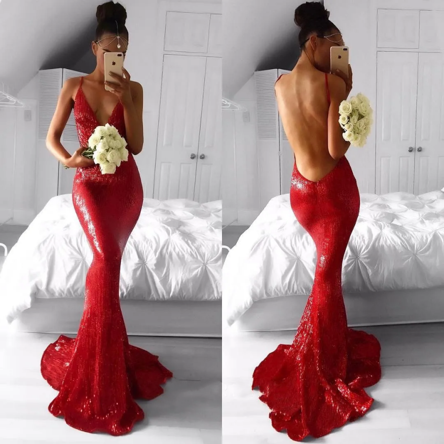 red silver prom dresses Mermaid Long Prom Dresses Backless Red Silver Sequin Long Evening Dres – Promfast