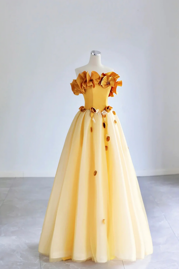 Yellow Tulle Applique Long Prom Dress, Off the Shoulder Sleeveless Backless Long Formal Evening Dress PFP2546