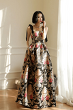 Black Satin Straps Floral Long Prom Dress, A Line Black Evening Dress PFP2547