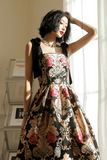 Black Satin Straps Floral Long Prom Dress, A Line Black Evening Dress PFP2547