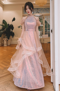 Lovely A Line Sequins and Tulle Pink Long Evening Dress, Pink Tulle Prom Dress PFP2548