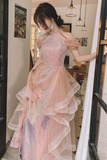 Lovely A Line Sequins and Tulle Pink Long Evening Dress, Pink Tulle Prom Dress PFP2548