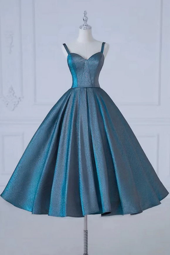 A Line Sweetheart Neck Satin Tea Length Blue Prom Dress, Blue Formal Dress PFP2549