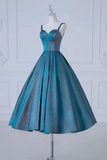 A Line Sweetheart Neck Satin Tea Length Blue Prom Dress, Blue Formal Dress PFP2549