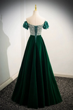 A Line Velvet Sequin Beads Green Long Prom Dress, Green Velvet Long Formal Dress PFP2550