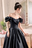 Black Satin Floor Length A Line Prom Dress, Off the Shoulder Evening Party Dress PFP2551