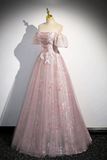 Pink Tulle Lace Long Prom Dress with Beaded, A Line Off the Shoulder Evening Party Dress PFP2552