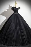 Black Pleated Long A Line Party Gown with Rhinestone Sash, Off the Shoulder Formal Dress PFP2553