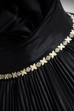 Black Pleated Long A Line Party Gown with Rhinestone Sash, Off the Shoulder Formal Dress PFP2553