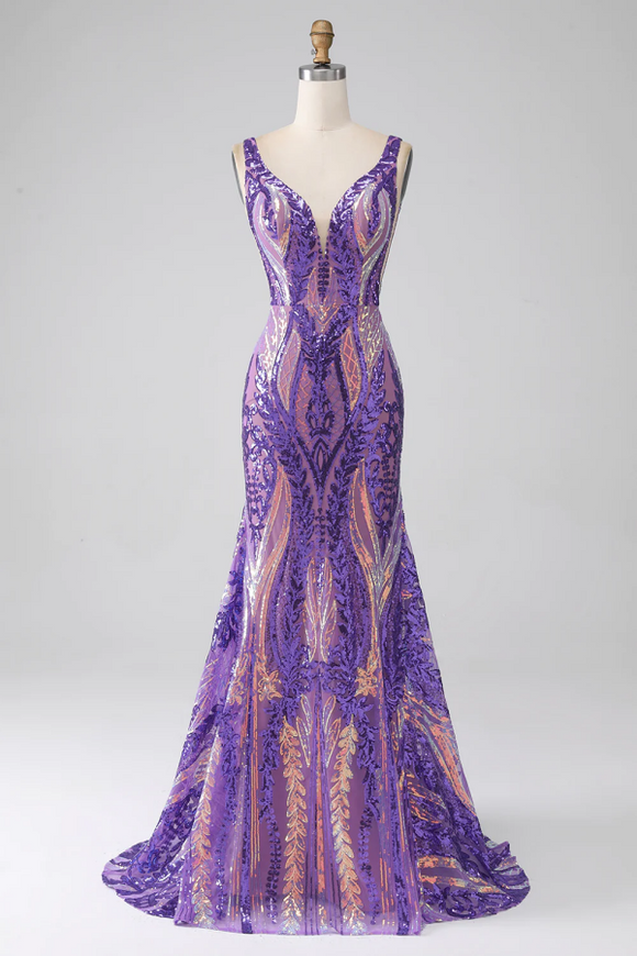 Dark Purple Mermaid V Neck Sequins Long Prom Dress PFP2557