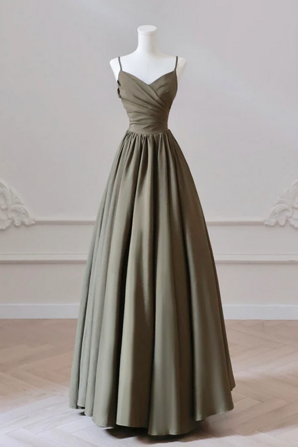A Line V Neck Satin Olive Green Long Prom Dress, Olive Green Long Formal Dress PFP2556