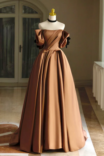 Simple A Line Satin Brown Long Prom Dress, Brown Long Formal Dress PFP – Promfast