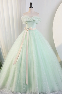 Beautiful Sage Green Tulle Floor Length Prom Dresses, A Line Off the Shoulder Evening Part Dresses PFP2561