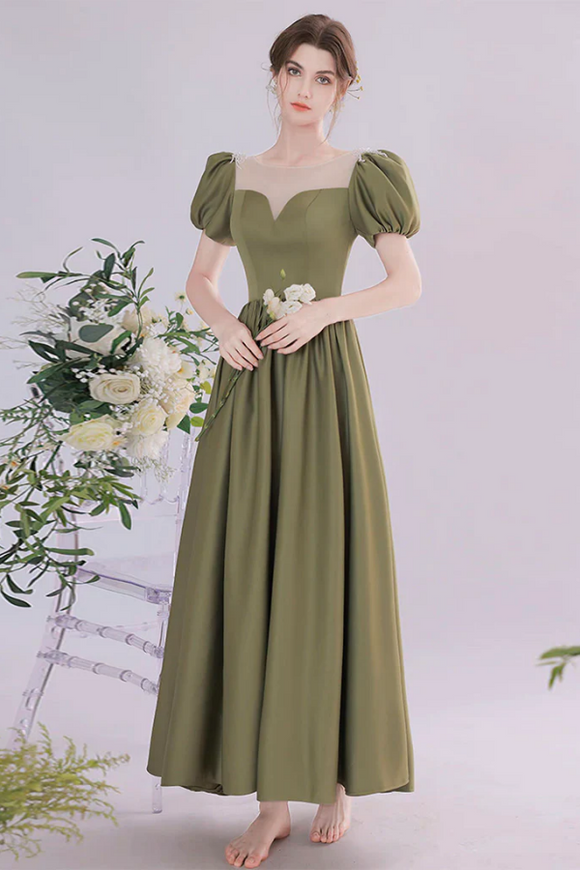A Line Green Satin Tea Length Prom Dress, Green Long Formal Dress PFP2562