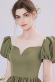 A Line Green Satin Tea Length Prom Dress, Green Long Formal Dress PFP2562