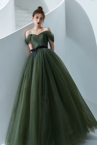 A Line Off Shoulder Tulle Green Long Prom Dress, Green Long Formal Dress PFP2563