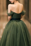 A Line Off Shoulder Tulle Green Long Prom Dress, Green Long Formal Dress PFP2563