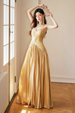Unique Spaghetti Straps Satin Long Prom Dress, Gold V Neck Backless Evening Party Dress PFP2564