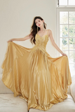 Unique Spaghetti Straps Satin Long Prom Dress, Gold V Neck Backless Evening Party Dress PFP2564
