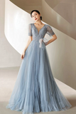 Dusty Blue Pleated Tulle Floor Length Prom Dress, Beautiful Short Sleeve Evening Party Dress PFP2566
