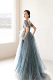 Dusty Blue Pleated Tulle Floor Length Prom Dress, Beautiful Short Sleeve Evening Party Dress PFP2566