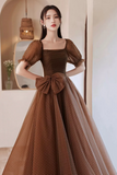 Charming Brown Tulle Floor Length Prom Dress, A Line Short Sleeve Evening Party Dress PFP2567