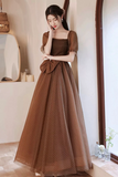 Charming Brown Tulle Floor Length Prom Dress, A Line Short Sleeve Evening Party Dress PFP2567