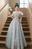 Cute Tulle Lace Long Prom Dress, Light Blue Tulle Off Shoulder Evening Dress PFP2568