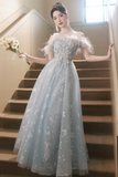 Cute Tulle Lace Long Prom Dress, Light Blue Tulle Off Shoulder Evening Dress PFP2568