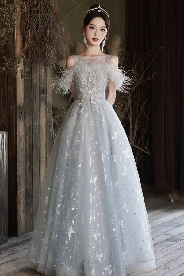 Cute Tulle Lace Long Prom Dress, Light Blue Tulle Off Shoulder Evening –  Promfast