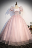 Pink Tulle Sequins Long Prom Dress, Lovely A Line Short Sleeve Evening Party Dress PFP2570