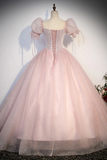 Pink Tulle Sequins Long Prom Dress, Lovely A Line Short Sleeve Evening Party Dress PFP2570